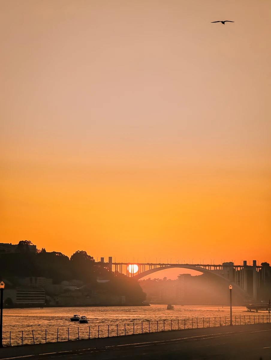 Silhouette of bridge at sunset over Douro River in Porto (Silla siluett päikeseloojangul üle Douro jõe Portos)