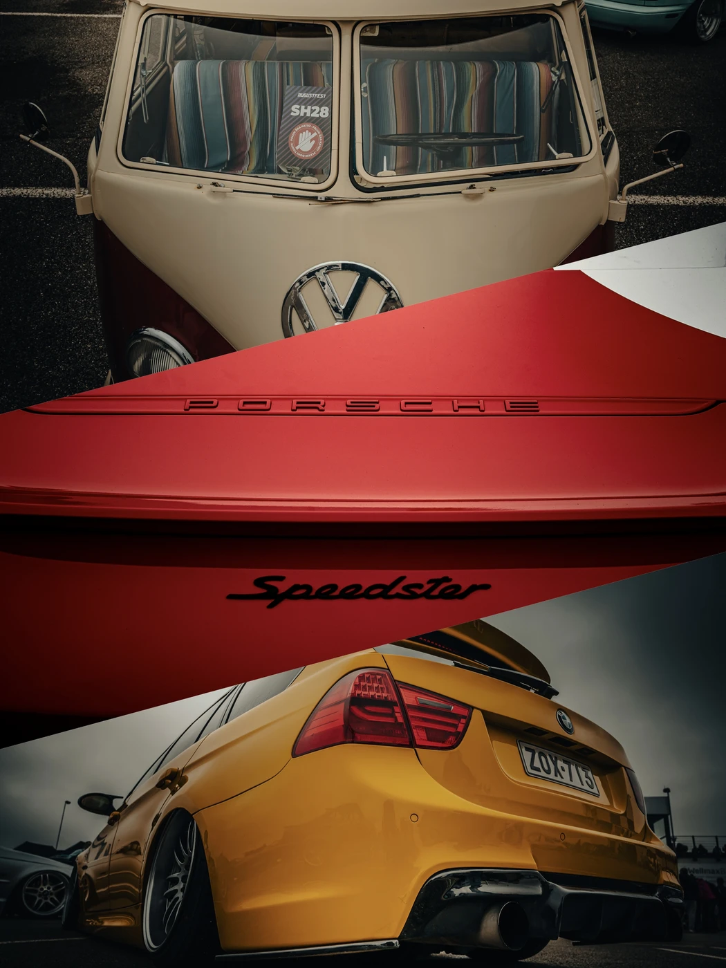 Graphic collage of a red boat, yellow car and classic van.