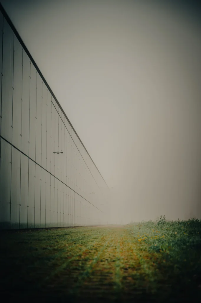 The long diagonal of a glass facade fades into mist beside a damp grassy slope.