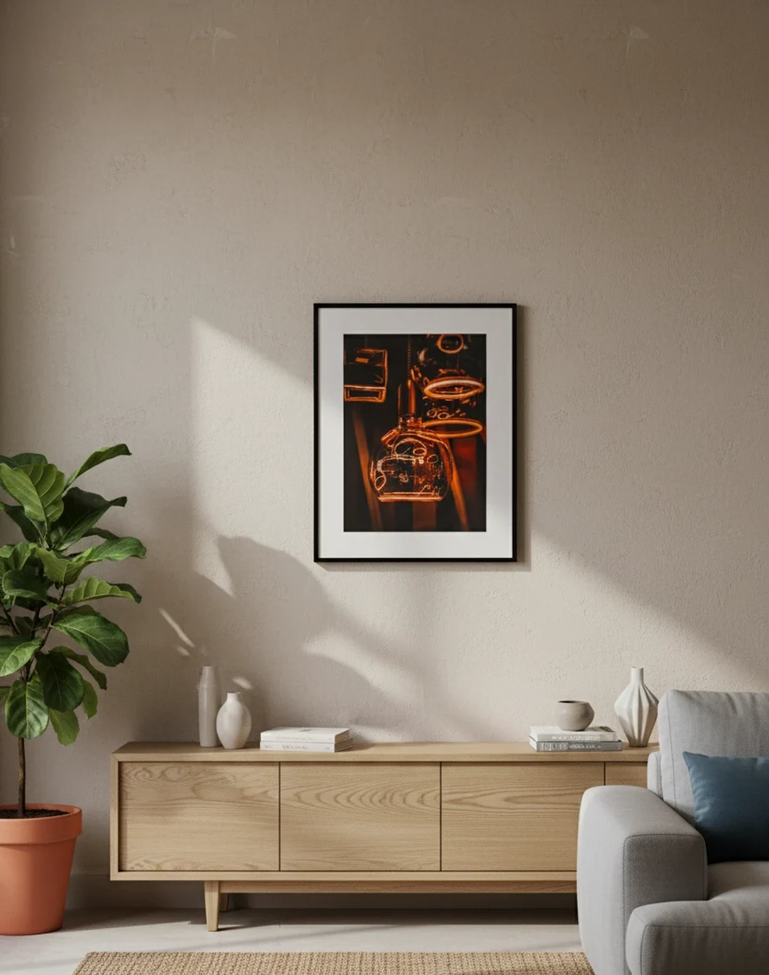 Porto fotoprint mustas raamis heledal seinal toataime kõrval.