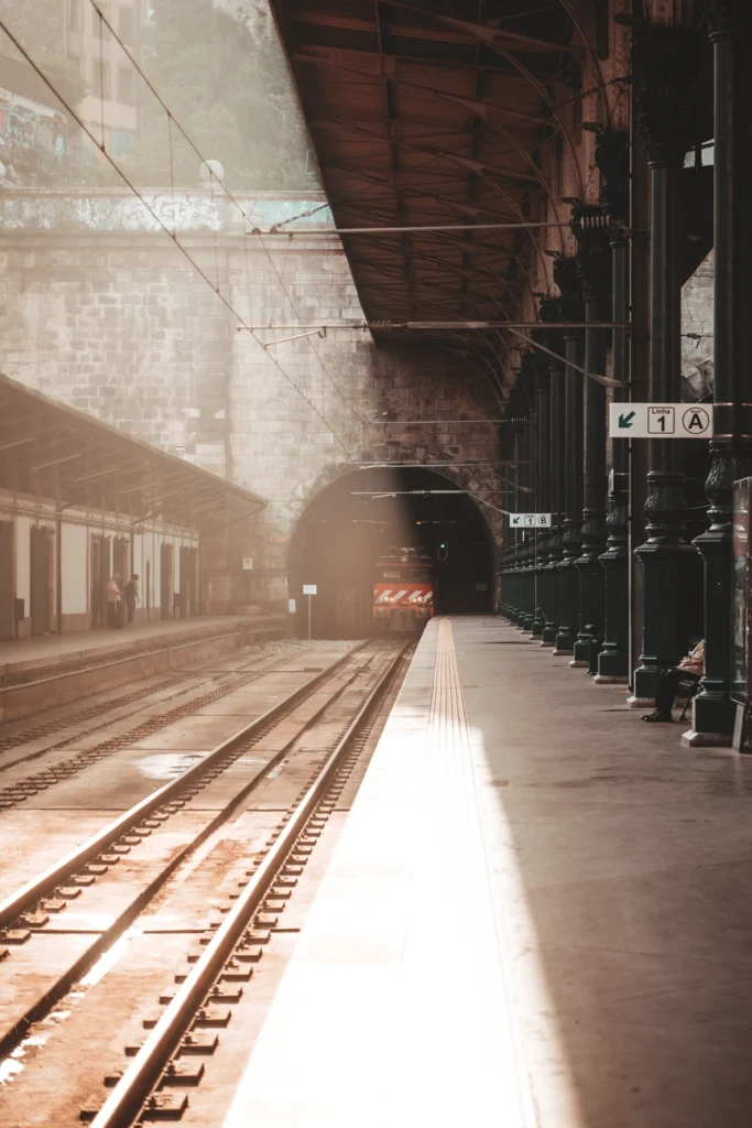 A sunbeam lights the tracks and platform edge in a large roofed railway station, with a dark tunnel behind.