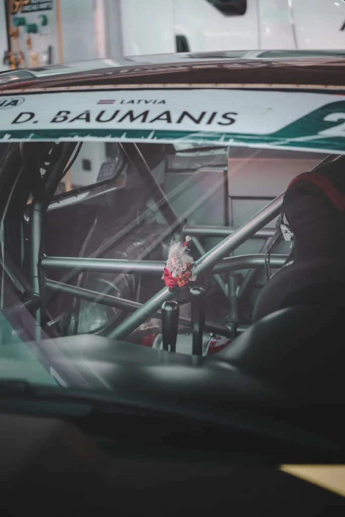 View through a racing car's windscreen, showing the roll cage, seat and a pink flower decoration.
