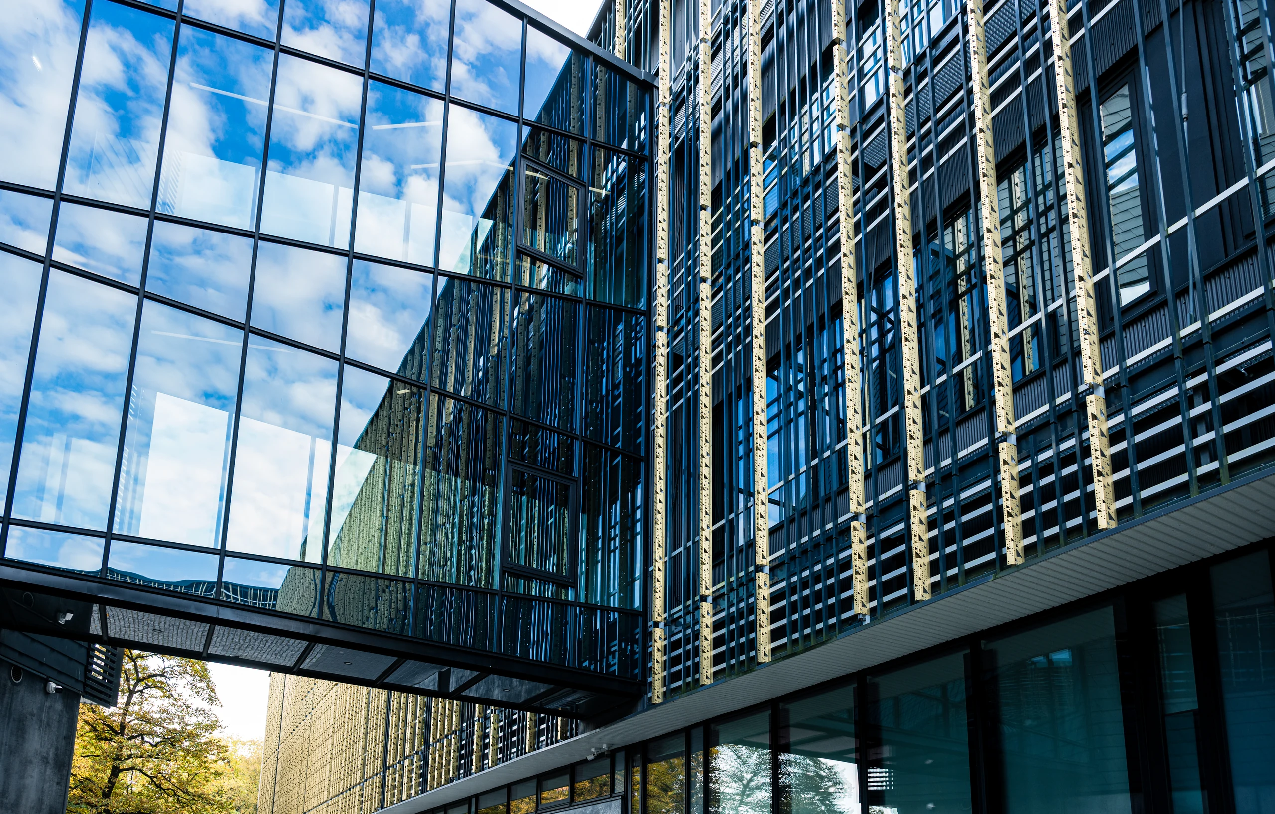 The Delta Centre’s glass connecting walkway and facade with golden fins, reflecting blue sky and clouds.