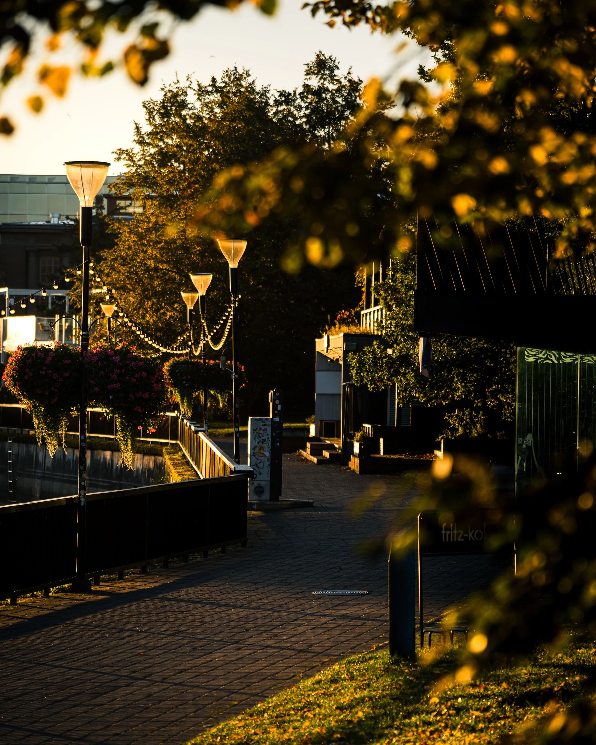 Autumn leaves frame lamp posts, hanging flower baskets and the Emajõgi promenade in morning light.
